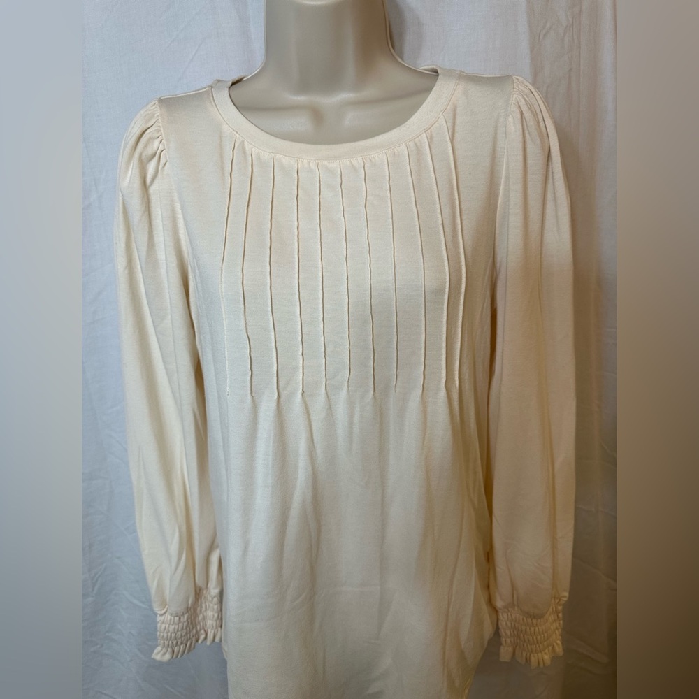Automet Cream Pleated Long Sleeve Blouse Smocked Cuffs Elegant Fall Style Women - Picture 4 of 8